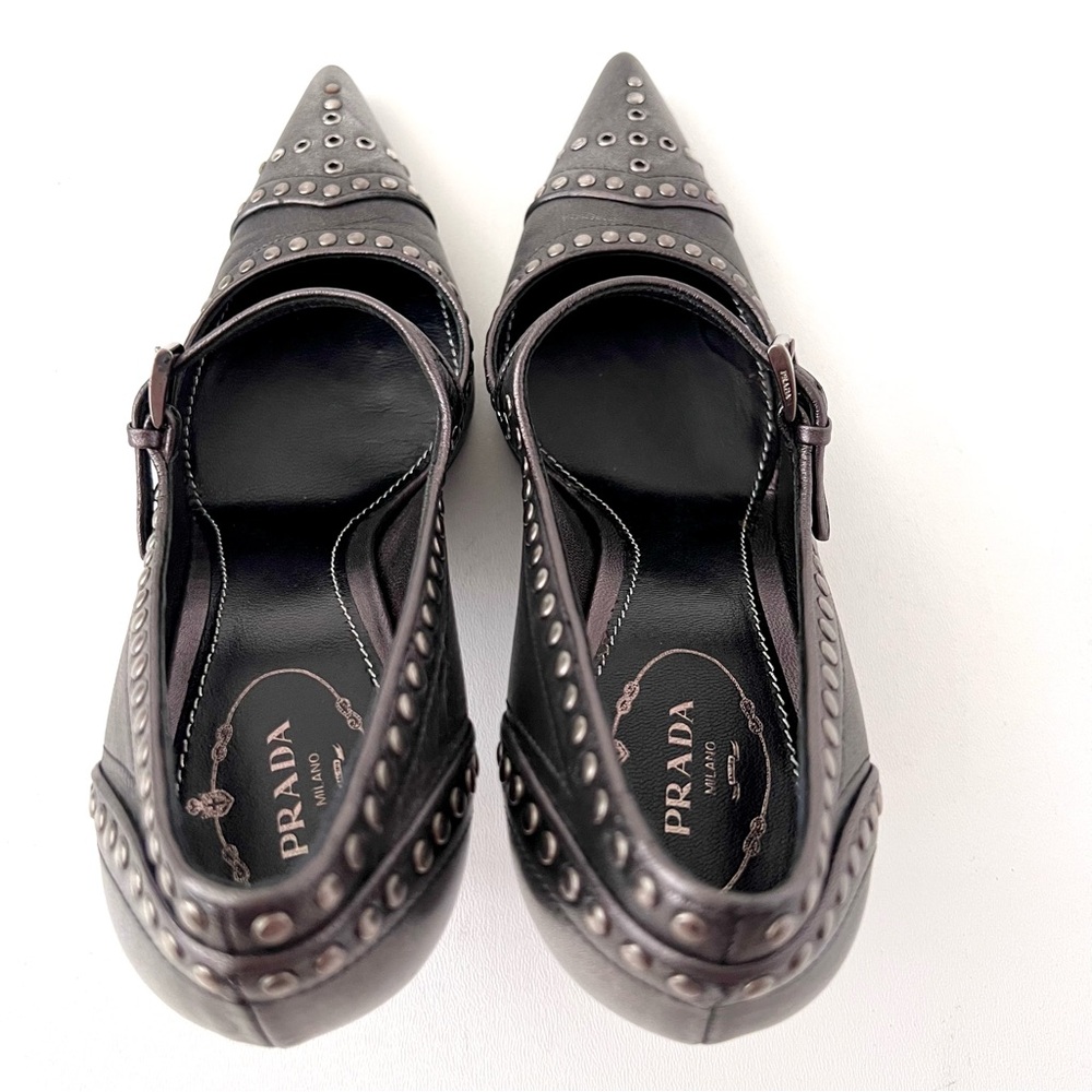 New PRADA | Dark Gray Metallic Studded Mary Jane Pointed Pumps Heels EU 38 New - Picture 10 of 15